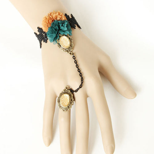 Retro Mode Persönlichkeit Halloween Schwarz Spitze Dunkelgrün Orange Blume Weibliche Lolita Ring Armband