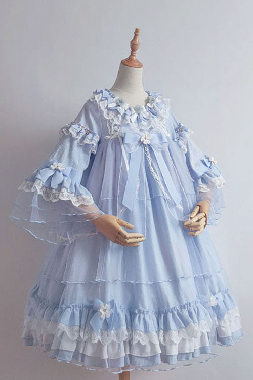 Blue Bowknot Trumpet Sleeves Multi-Layer Ruffled Sweet Lolita OP Tiered Dress