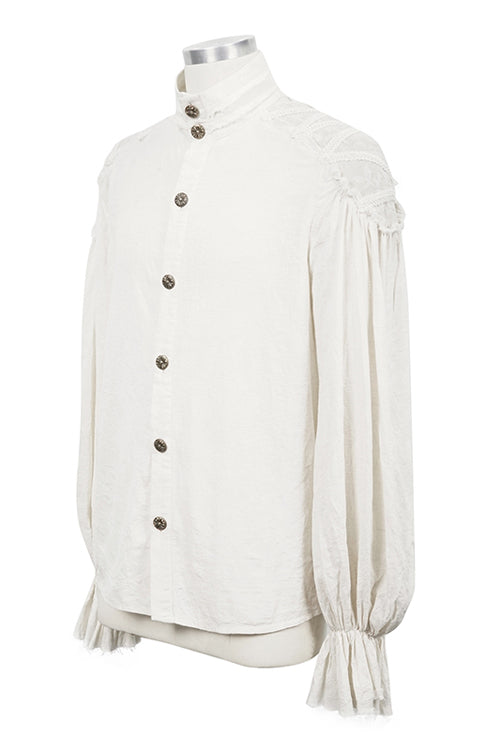 White Straight Collar Puff Sleeve Jacquard Mens Punk Blouse