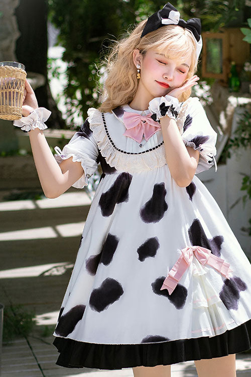 White Cow Pattern Print Short Sleeves Bowknot Ruffled Sweet Lolita OP Dress