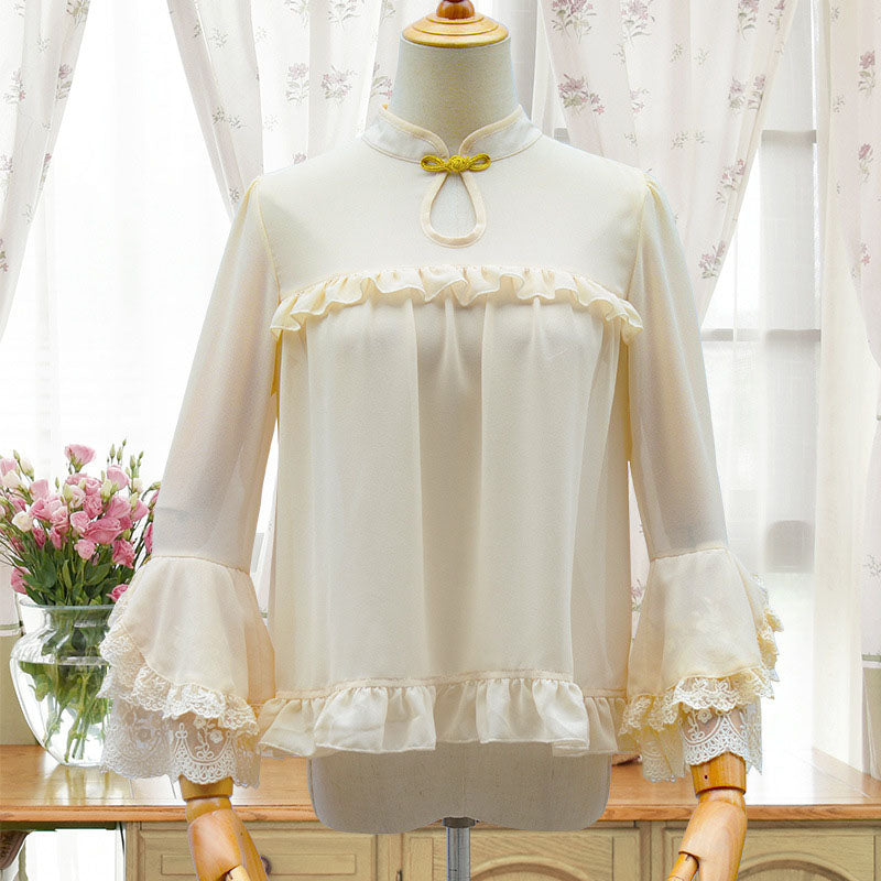 Apricot Chinese Style Cheongsam Stand Collar Lantern Sleeves Lolita Blouse