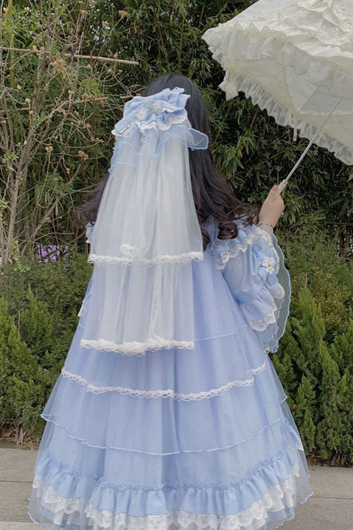 Blue Bowknot Trumpet Sleeves Multi-Layer Ruffled Sweet Lolita OP Tiered Dress
