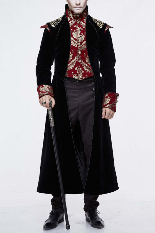 Gothic Jacquard Stand Collar Embroidery Mens Long Coat