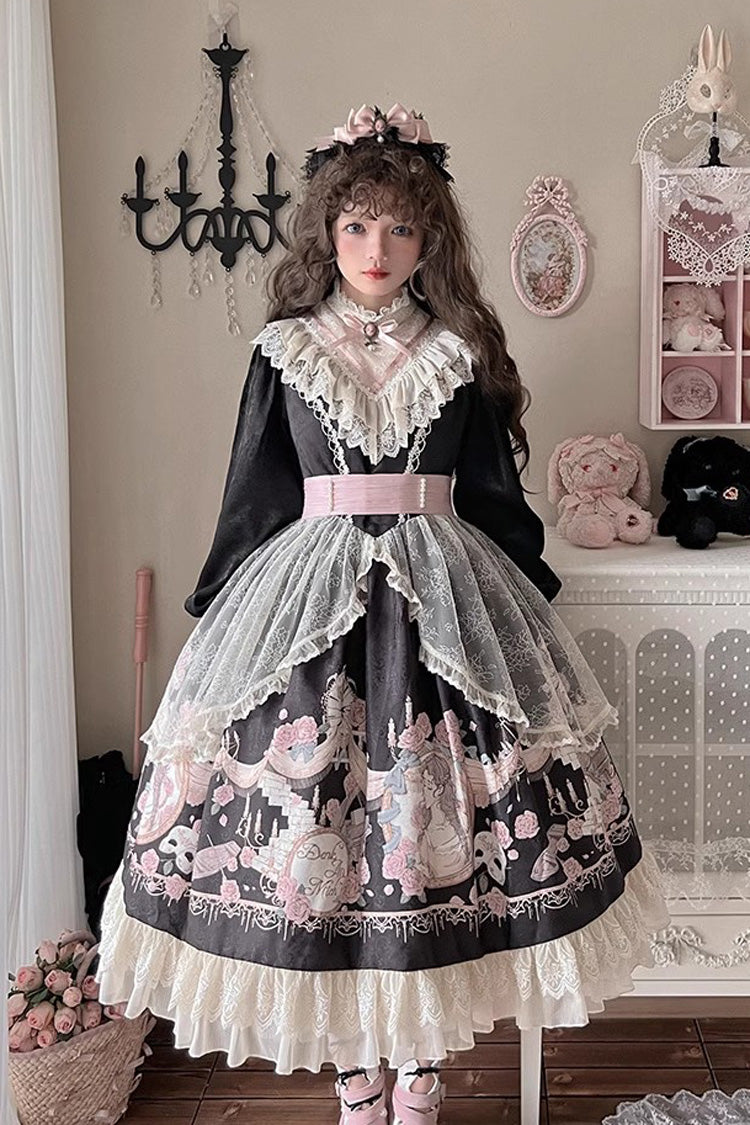 Black Rose Prologue Print Long Sleeves Ruffle Sweet Elegant Lolita Dress