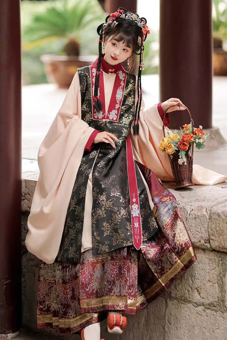 Black/Red Round Collar High Waisted Hot Stamping Embroidery Chinese Style Hanfu Dress Three Piece