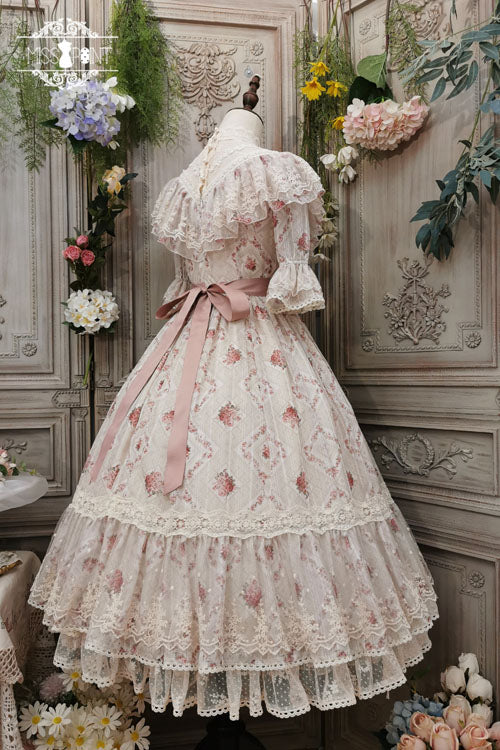 Elegantes süßes Lolita OP-Kleid mit Vintage-Rosenblüten-Druck, mehrlagiger Stickerei und Rüschen