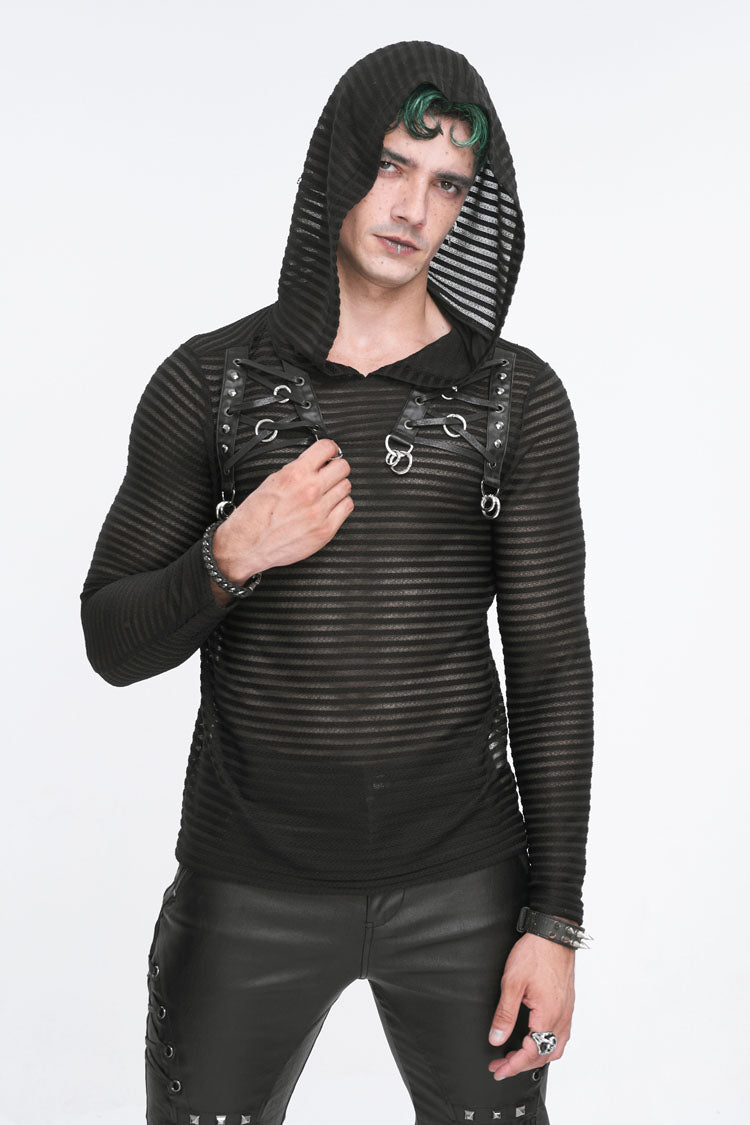 Black Striped Sheer Long Sleeve Men's Punk Sweatshirt Hooded