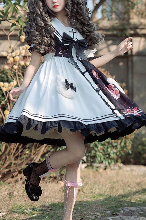 Black/White Navy Collar Short Sleeves Strawberry Bear Print Ruffled Hem Sweet Lolita Dress