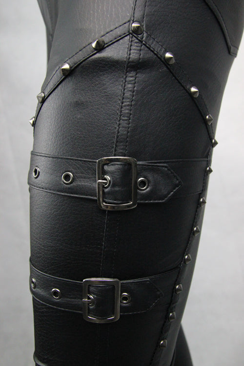 Black Sexy rivets coarse grain leather adjusted loops skinny Womens Pants