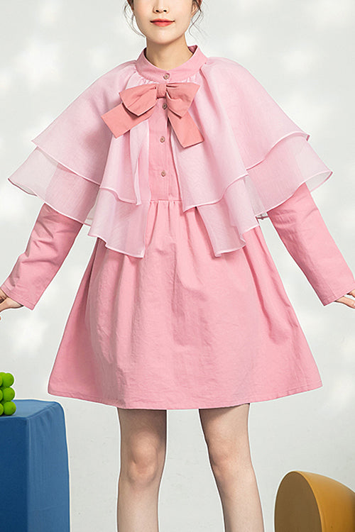 Pink Stand Collar Bow Organza Ruffled Shawl Princess Sweet Lolita OP Dress