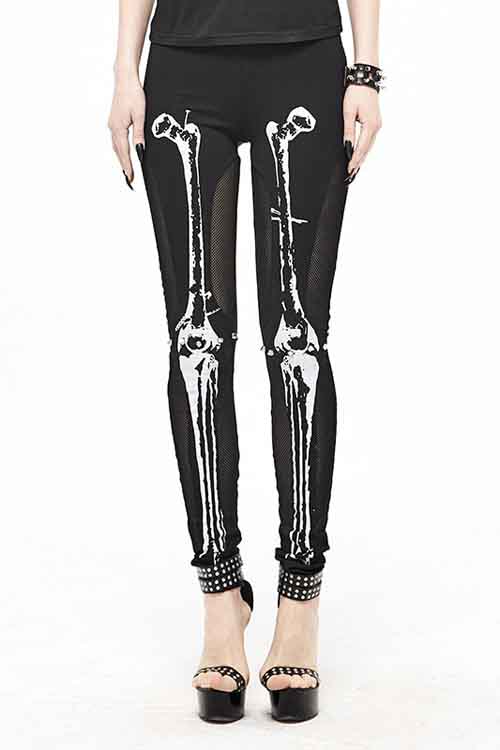 Black Punk Knit Skull Marrowbone Printed Leggings Womens Pants