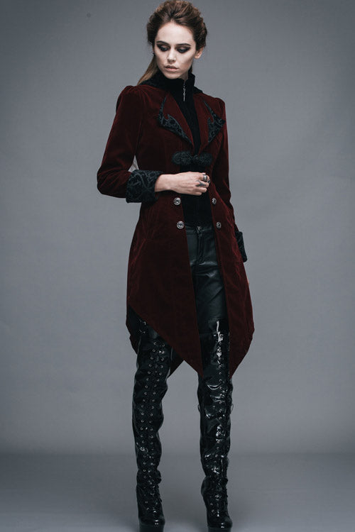 Red Embroidered High Collar Party Womens Gothic Coat