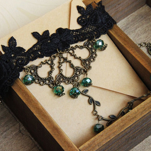 Black Lace Green Bead Gothic Lolita Bracelet Ring Jewelry