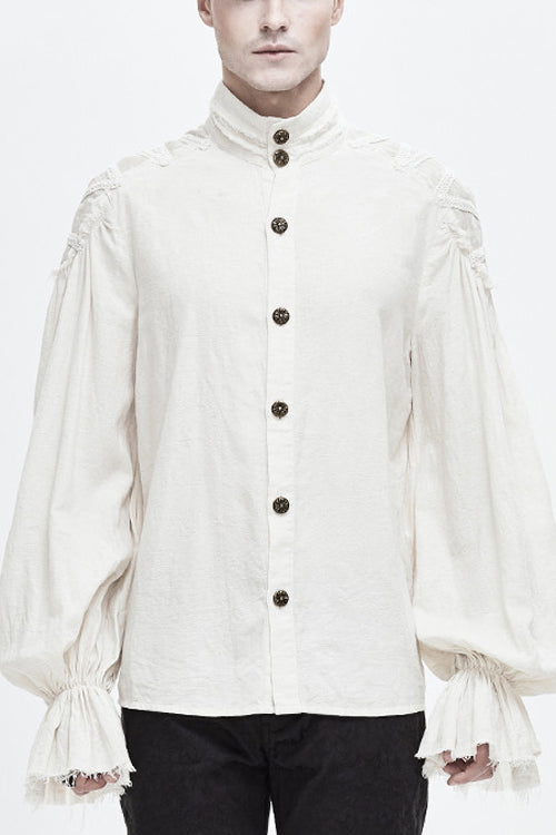 White Straight Collar Puff Sleeve Jacquard Mens Punk Blouse