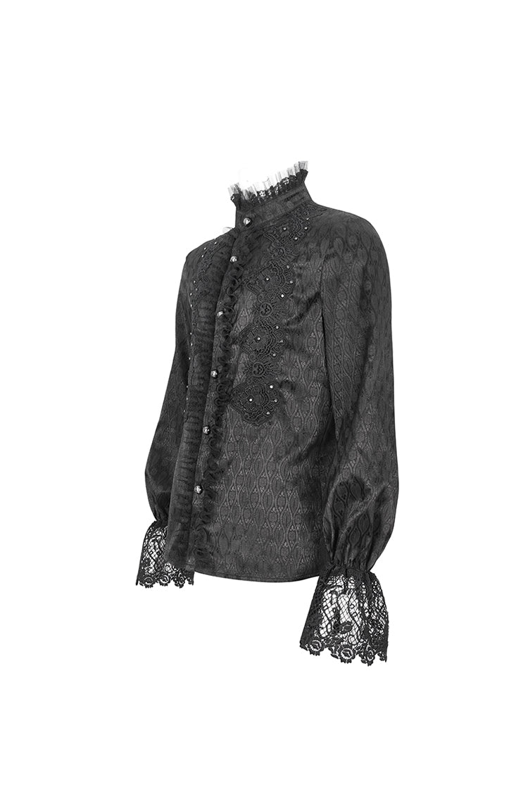 Black Stand Collar Puff Sleeved Lace Splice Men's Gothic Shirt