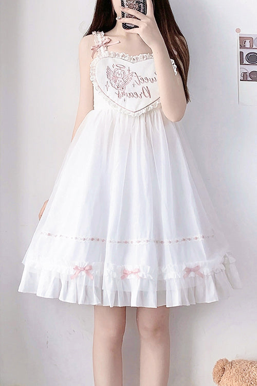 White Ruffled Shoulder Strap Heart Pattern Sweet Lolita JSK Dress