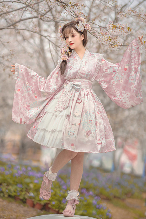 Japanese Trumpet Sleeves Lace Ruffled Cherry Blossom Print Sweet Lolita OP Dress