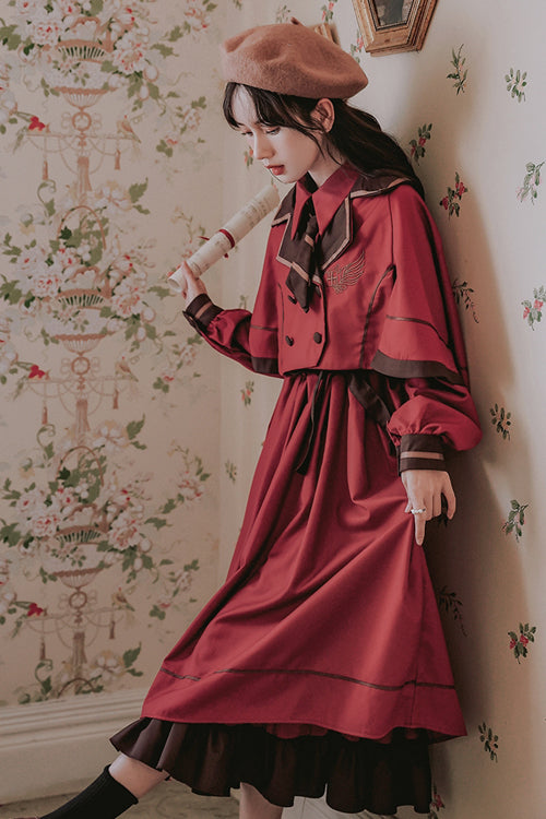 Vintage College Style Lapel Collar Long Sleeves Double Paneled Hem Sweet Lolita Dress