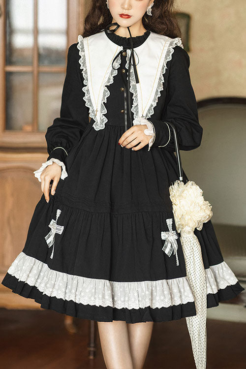 Dark Black Temple Of The Cross Doll Collar High Waisted Long Sleeves Multi-Layer Ruffled Gothic Lolita OP Dress