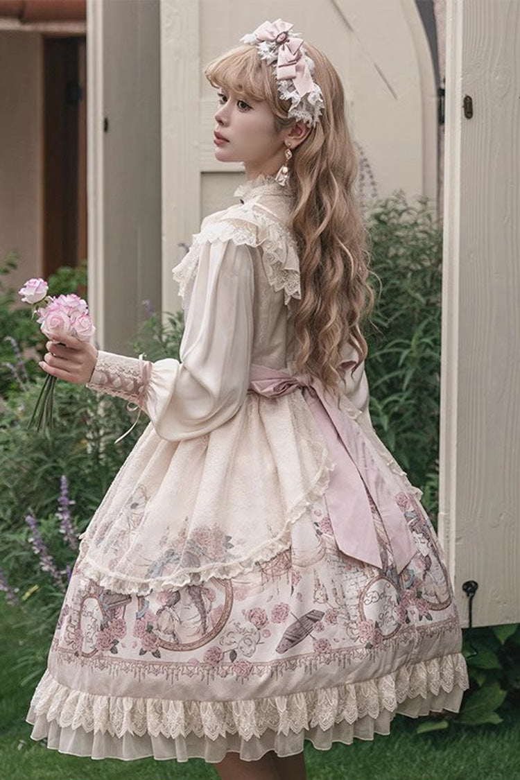 Apricot Rose Prologue Print Long Sleeves Ruffle Sweet Elegant Lolita Dress