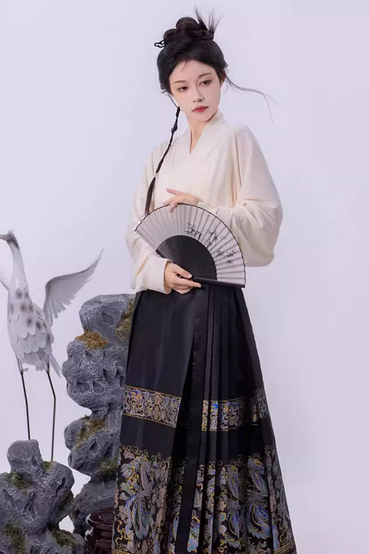 Black Chinese Style Print High Waisted Womens Hanfu Skirt