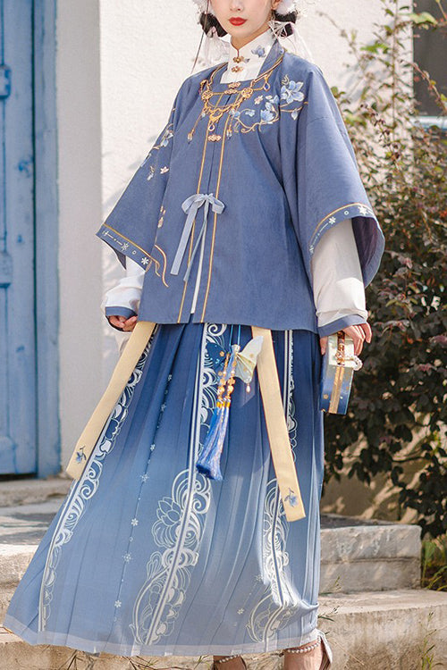 オリジナル改良されたブルー中国風明製ワイドスリーブトップハイウエストスカート刺繍甘い漢服スリーピーススーツ