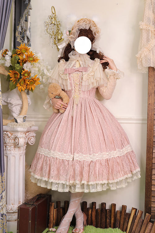 Pink Solid Color Elegant Vintage Rose Multi-Layer Embroidery Ruffled Sweet Lolita JSK Dress