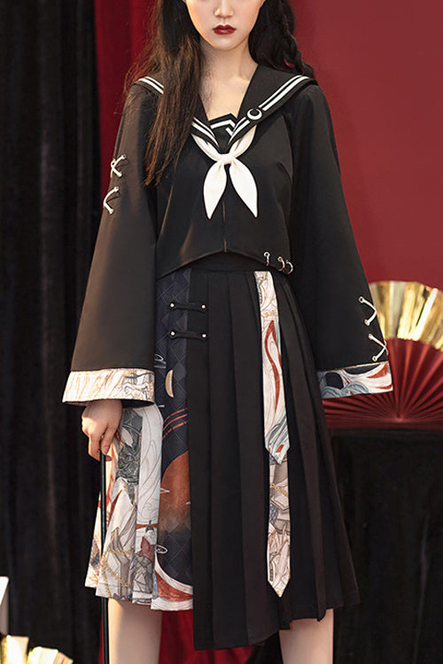 黒の不良少女中国要素プリント非対称プリーツ スカートのフルセットの古典的なロリータ ドレス