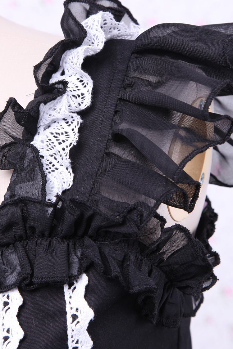Black/White Cap Sleeves Ruffled Bowknot Lace Trim Gothic Lolita Dress