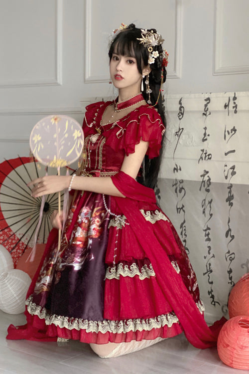 Round Collar Ruffled Short Sleeves Elegant Print High Waist Classic Lolita Dress