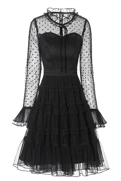 Black Lace Round Collar Polka Dot Mesh Trumpet Sleeves Layered Ruffled Sweet Lolita OP Dress