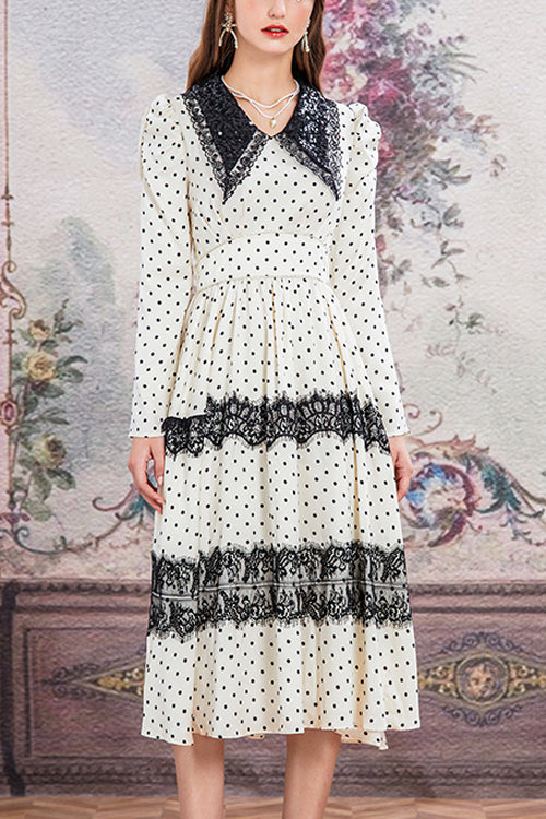 Beige/Black Doll Collar Vintage Lace Patchwork Polka Dot Print Long Sleeves High Waisted Long Sweet Lolita OP Dress