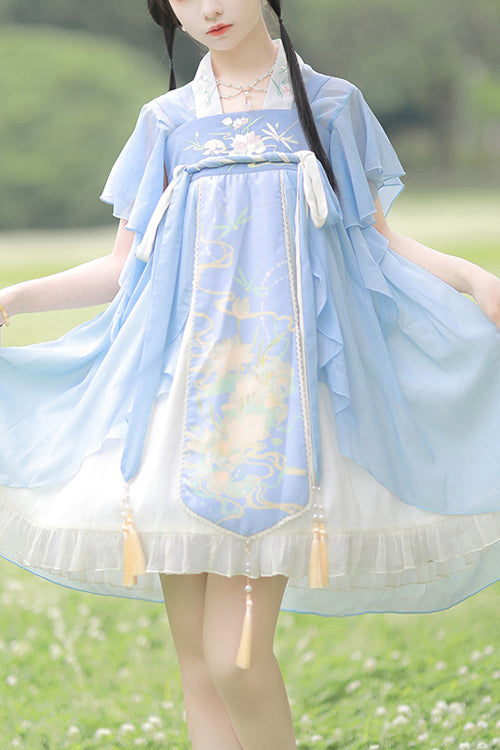 Blue Neckline Embroidered Lotus Print Sweet Lolita Dress Full Set