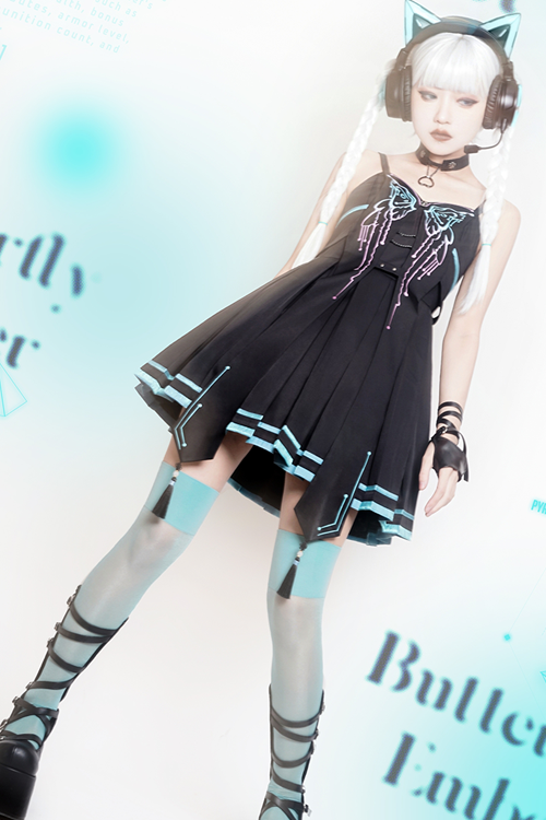 Black Sense Of Technology Butterfly Ember High Waisted Gothic Lolita JSK Dress Full Set