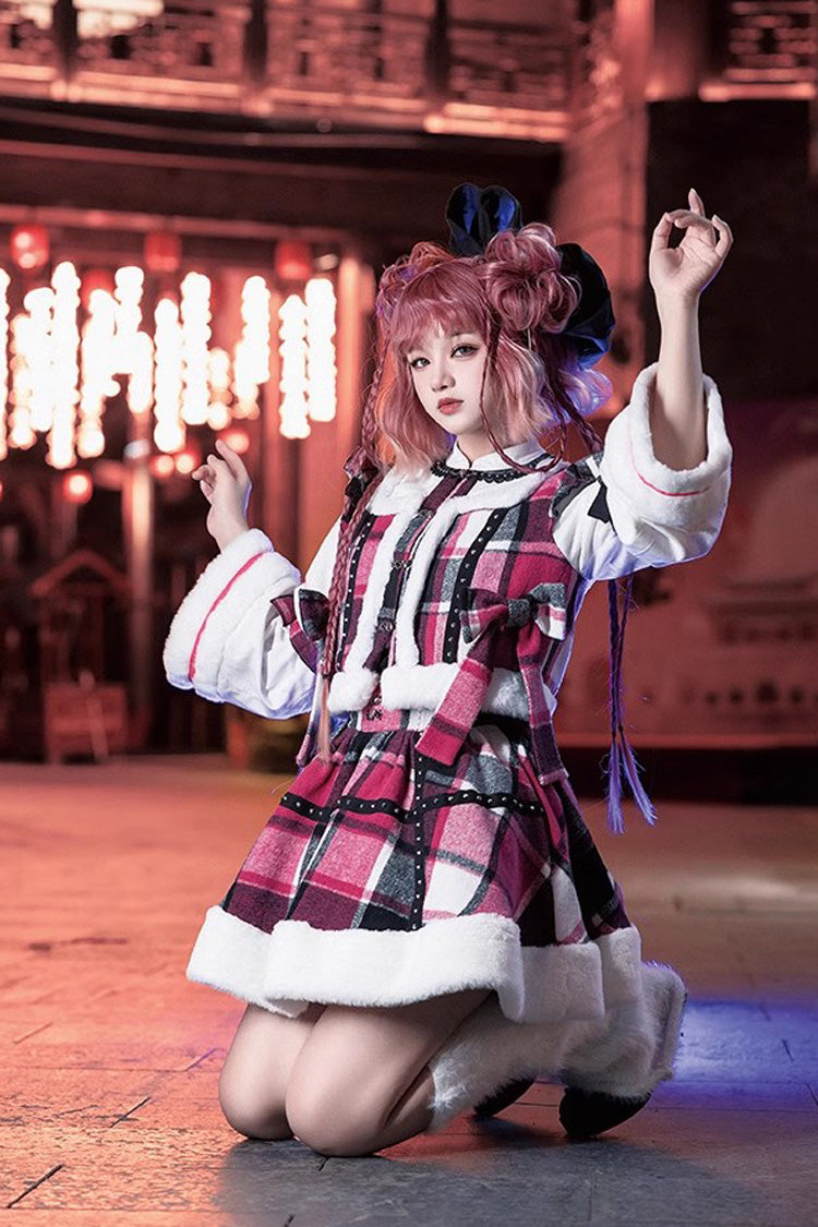 Multi-Color Plaid Print Bowknot Autumn Winter Sweet Chinese Style Lolita Skirt Set
