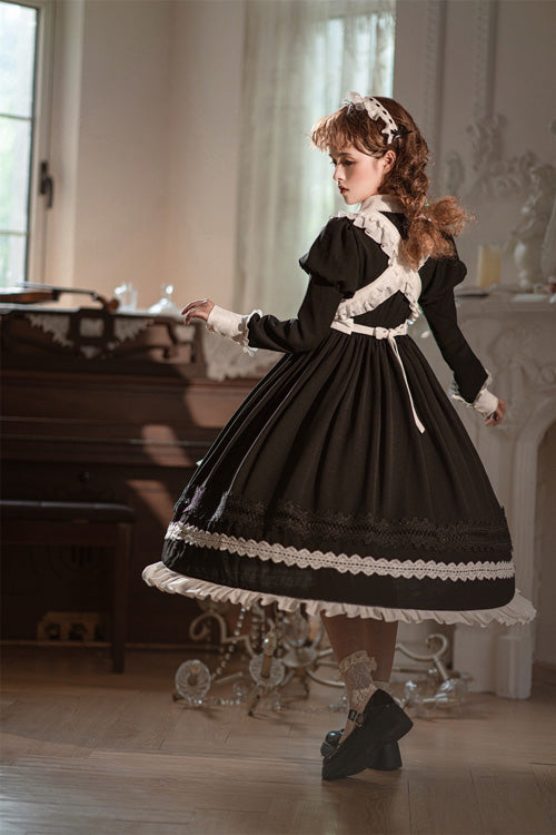 Black Lapel Collar Bowknot Long Sleeves Ruffled Sweet Lolita Maid OP Dress (Apron is included)