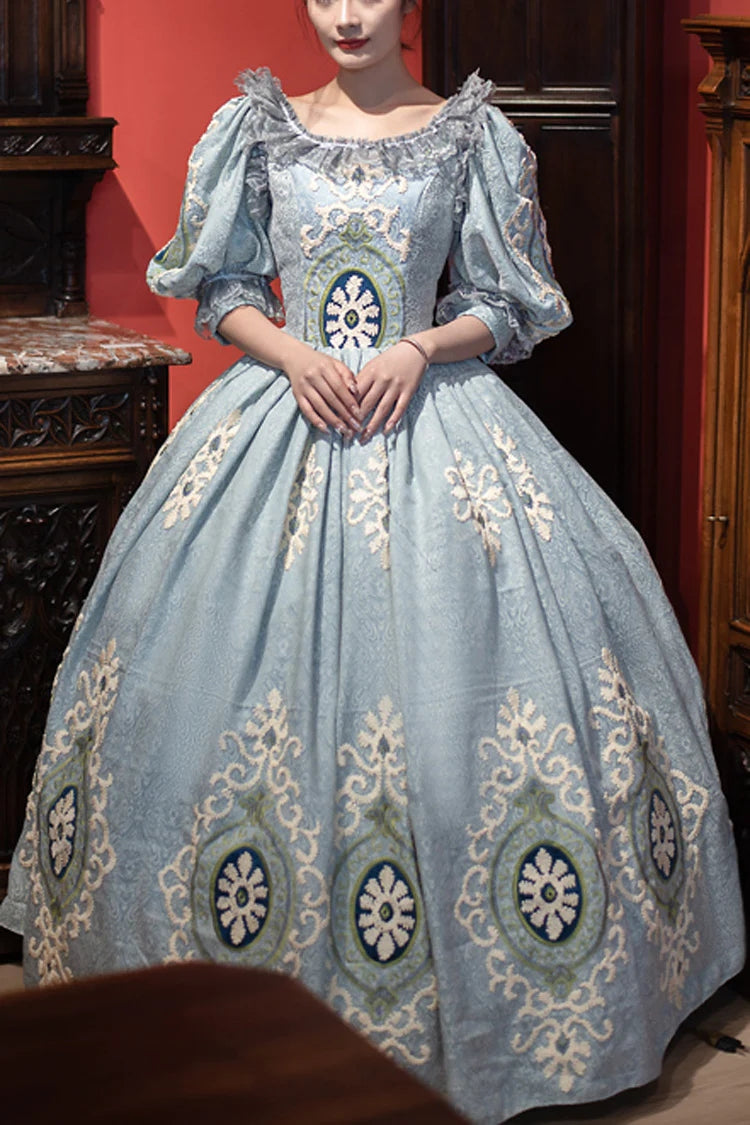 ブルー中世の宮廷プリント刺繍ヴィンテージプリンセスロリータビクトリア朝のドレス