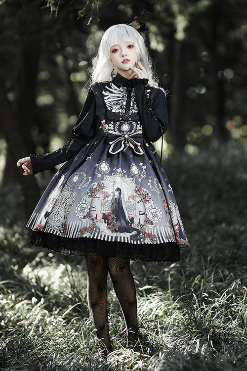 Lapel Collar Long Sleeve Black Fairy Tale Print Gothic Lolita JSK Dress