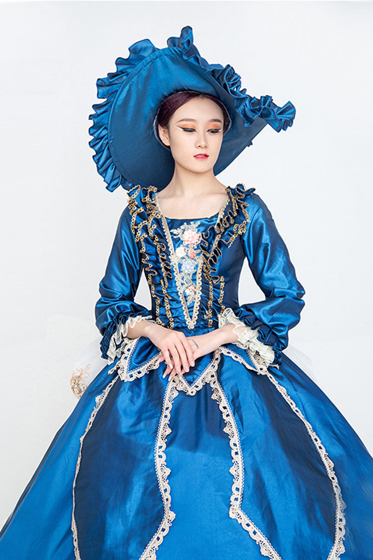 Blue Long Sleeves High Waisted Trailing Ruffled Victorian Lolita Prom Dress