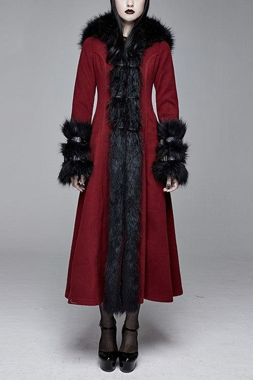 Red Gothic Party Woolen Hooded Sexy Women Long Coat
