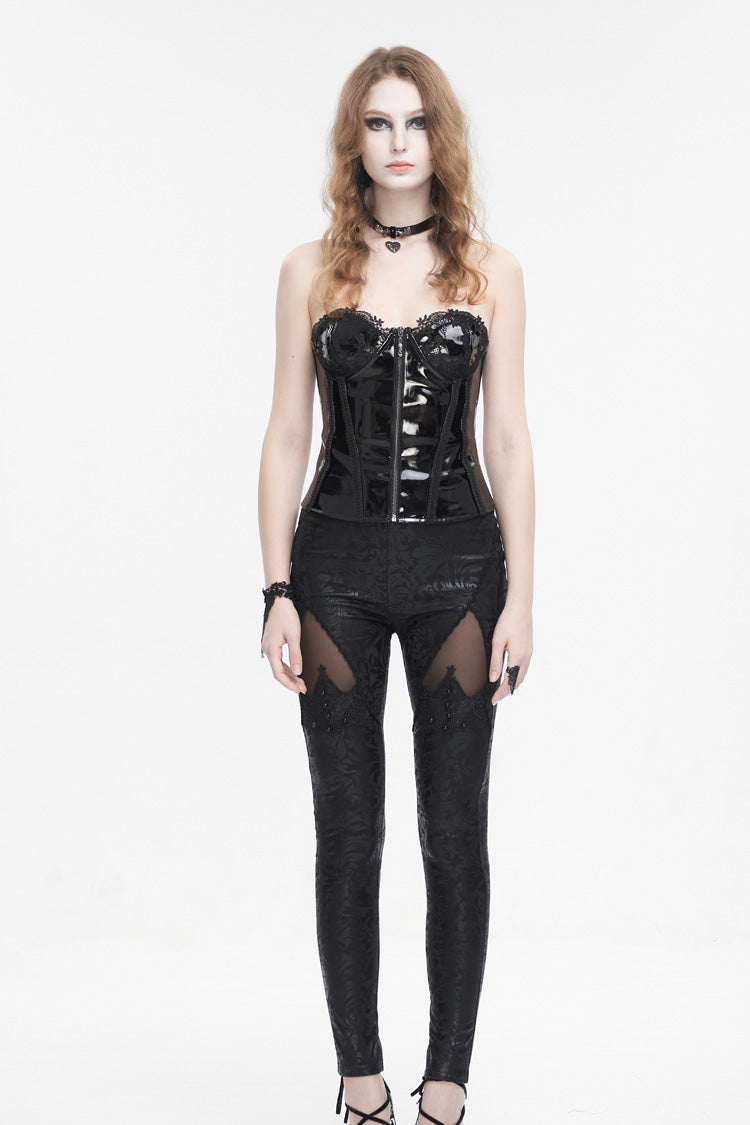 Black Lace Splice Patent Leather Women's Punk Overbust Corset