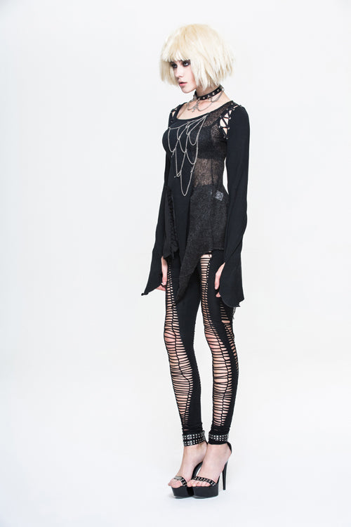 Schwarzes sexy Punk-T-Shirt mit asymmetrisch gebrochenen Löchern und Ketten in Spinnennetzform für Damen