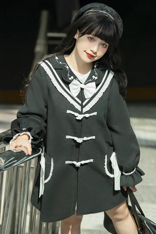Black Horn Button Suit Collar Lantern Sleeves Back Bow Sweet Lolita Coat