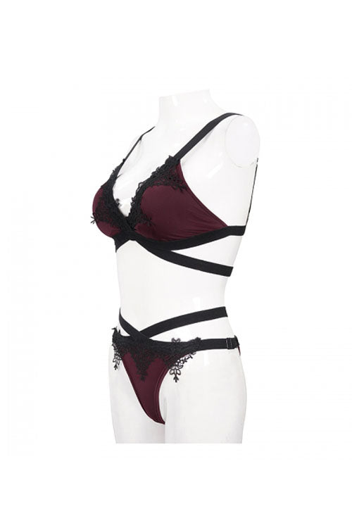 Black Red Lace Cross Strap Burgundy Gothic Swimsuit Set