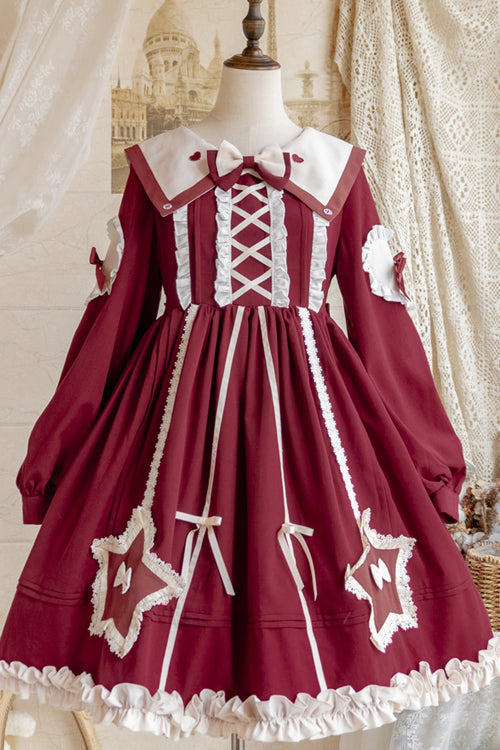 Round Collar Chiffon Ruffled Lantern Sleeves Pentagram Embroidered High Waisted Sweet Lolita OP Dress