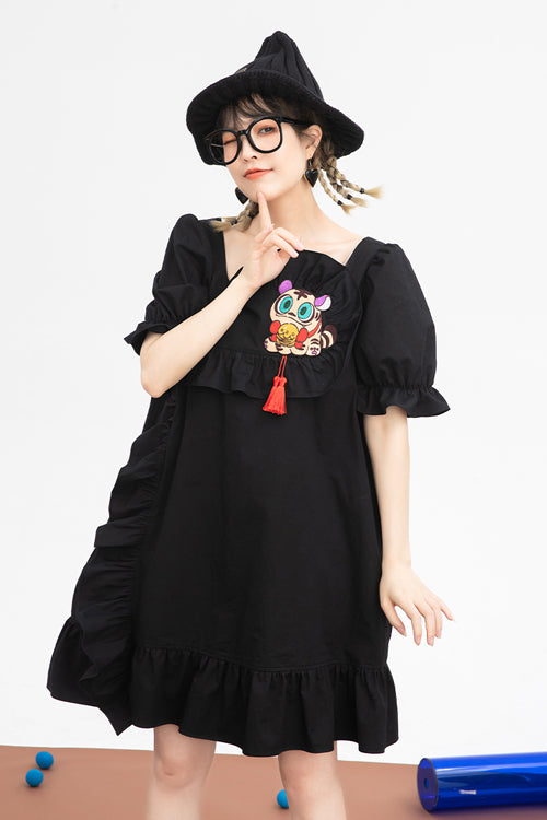 Black Ruffled Square Collar Cute Tiger Embroidered Bubble Short Sleeves High Waisted Sweet Lolita Dress