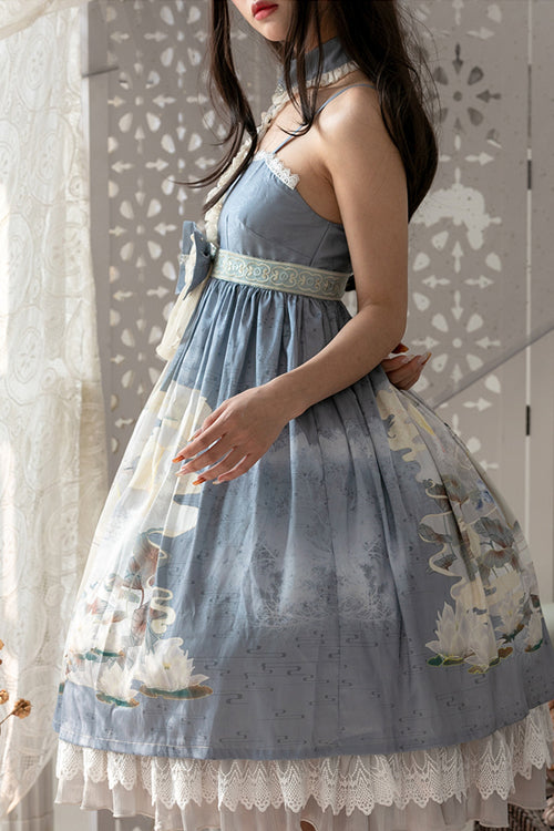 Blue Chinese Mythology Print High Waist Lace Trim Sweet Lolita JSK Dress