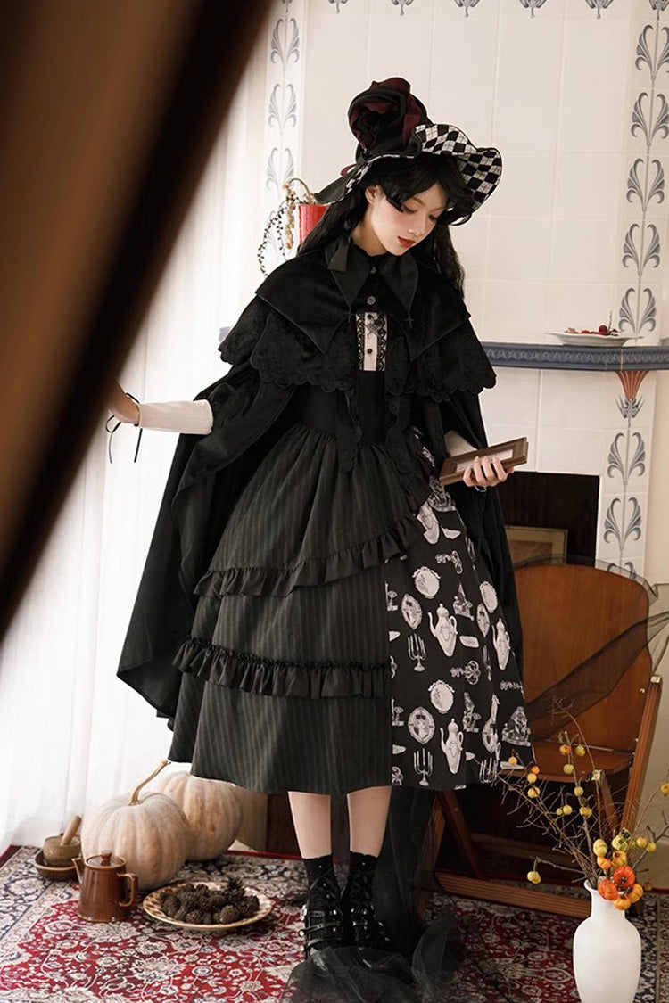 Black Lunar Eclipse Dinner Cups Print Autumn Winter Gothic Lolita Jsk Dress