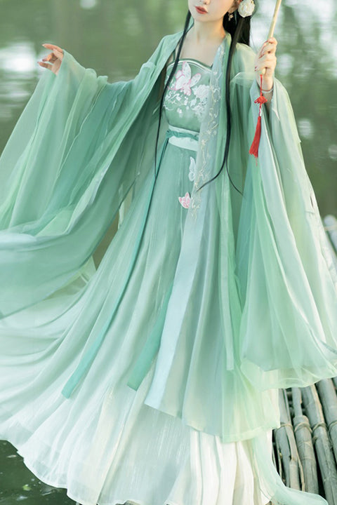 Original Chinese Han Elements Ancient Double Layer Long Sleeves Sweet Hanfu Dress Full Set