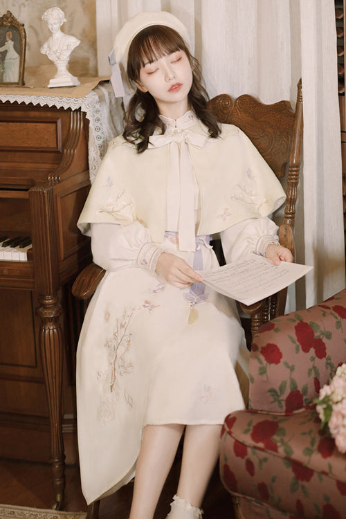 Beige Retro Stand Up Collar Ruffled Lantern Sleeves Butterfly Embroidery Classic Lolita OP Dress Full Set